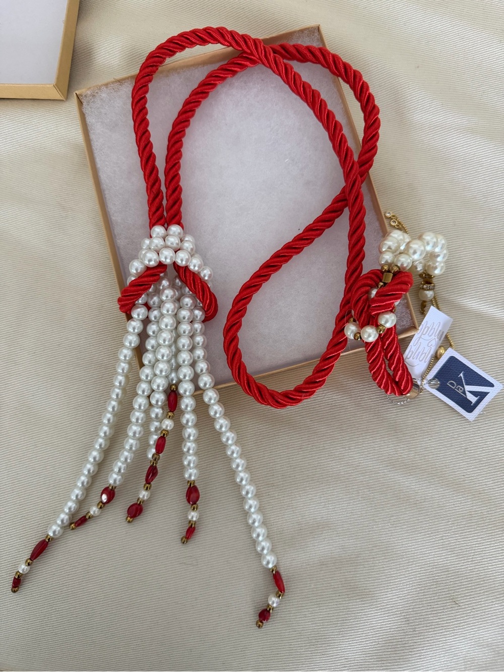 Red Rope and Pearl Tassel Necklace and Bracelet
